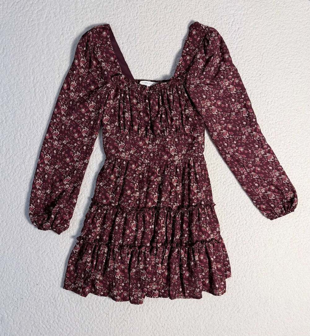 Altar'd State Burgundy Floral Long Sleeve Smocked Tiered Mini Dress
